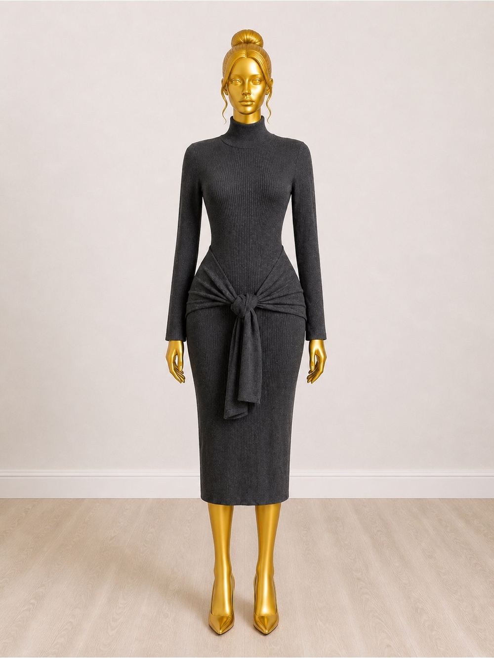 Fashion Nova Charcoal Ribbed Turtleneck Tie-Waist Midi Dress